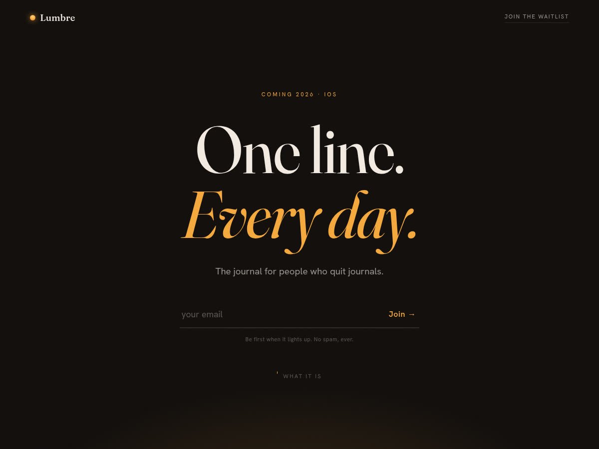 Lumbre’s dark landing page, with the words One line. Every day.